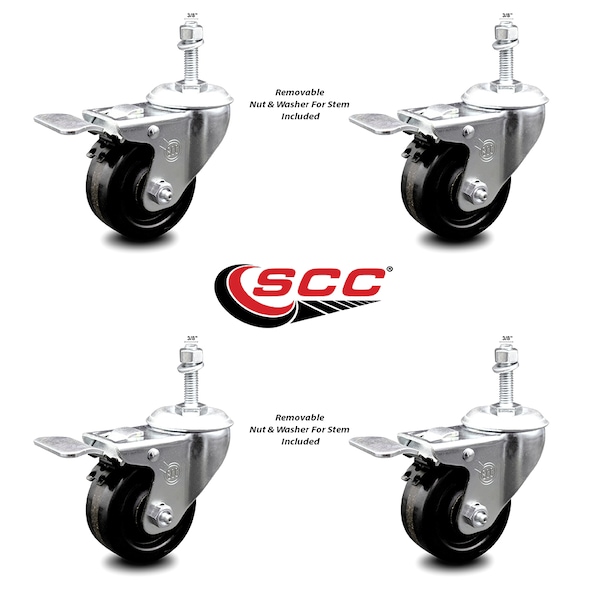 3.5 Inch Phenolic Swivel 3/8 Inch Threaded Stem Caster Set with Total Lock Brake